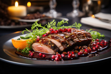 A plate filled with mouthwatering meat and colorful garnish, creating a visually appealing and satisfying meal, Roasted duck fillet adorned with pomegranate seeds and herbs, AI Generatedの素材