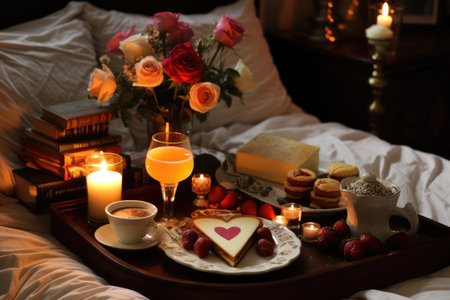 A romantic dinner setting on a bed featuring a tray of food and flickering candles, Romantic Valentine's Day breakfast in bed, AI Generatedの素材