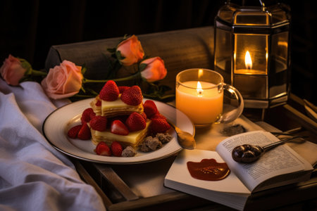An inviting tabletop arrangement featuring a plate of delicious food and a lit candle, creating a warm ambiance, Romantic Valentine's Day breakfast in bed, AI Generatedの素材