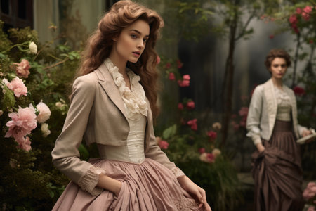 A woman dressed in a dress and a man in a suit pose together, Romantic era clothing against a lush garden backdrop, AI Generatedの素材