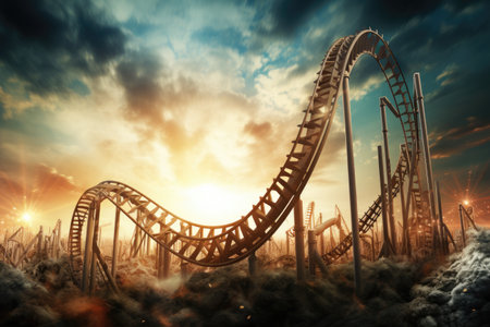 A roller coaster ride fills the sky with excitement as it stretches across clouds in a breathtaking scene, Roller coaster representing the ups and downs of the stock market, AI Generatedの素材