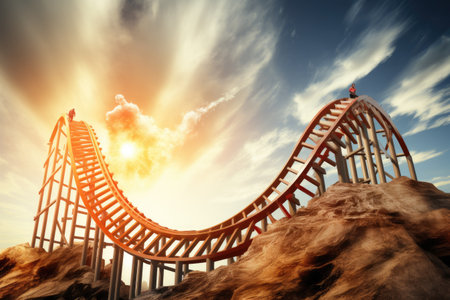 Experience an exhilarating roller coaster journey through the breathtaking desert landscape, Roller coaster representing the ups and downs of the stock market, AI Generatedの素材