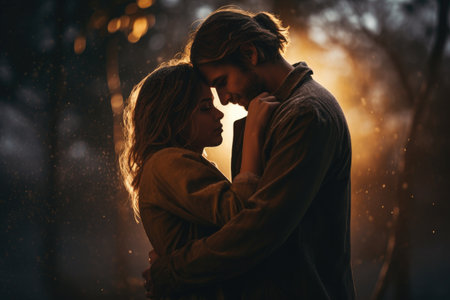 A blissful couple shares an embrace in the tranquil beauty of a serene woodland, romantic scene of couple of young man and woman hugging together, AI Generatedの素材