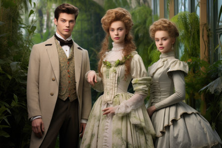 Group of People Standing Together in a Close-knit Gathering for an Event, Romantic era clothing against a lush garden backdrop, AI Generatedの素材