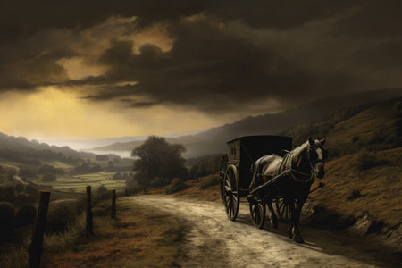 A beautiful painting of a horse drawn carriage on a dirt road, capturing the charm of a bygone era, Rural landscape with horse and buggy, AI Generatedの素材