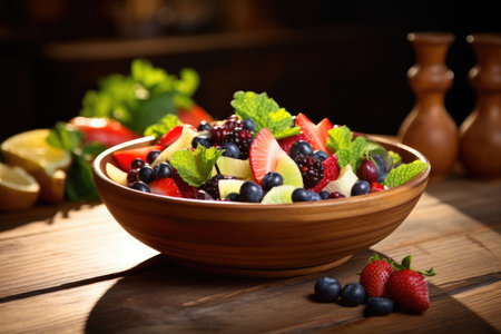 A wooden bowl filled with various fruits placed on top of a table, Salad with fresh fruits and berries displayed on a wooden table, representing healthy food, AI Generatedの素材