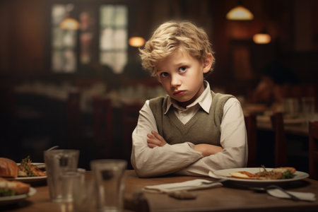 A young boy sits at a table with a plate of food in front of him, Sad schoolboy staring at food plate in cafeteria, AI Generatedの素材