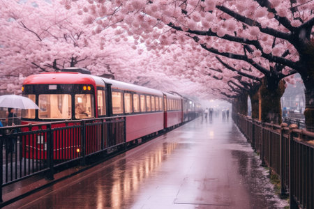 A red and white train makes its way down a rain-soaked street, Sakura blossom season in Tokyo, Japan, AI Generatedの素材