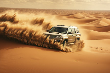 A white SUV drives through the desert, showcasing the thrill of an off-road expedition, sand dune bashing ofrroad, AI Generatedの素材