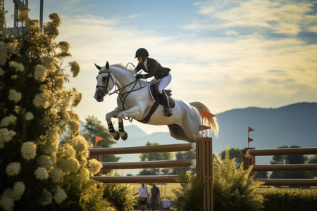 Person Jumping Horse Over Obstacle, Equestrian Sport Action Photo, Scenic equestrian event with horse and rider jumping a hurdle, AI Generatedの素材