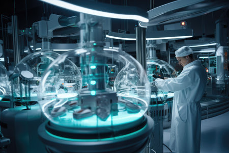 A man in a lab coat is seen diligently working on a machine in a laboratory setting, Scientists and engineers work on modern machinery in a sterile, AI Generatedの素材