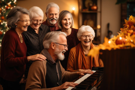 A diverse group of individuals gathered around a piano, engaging in a musical activity, Senior Friends Gathering Around a Piano, Singing Thanksgiving Songs with Heartfelt Joy, AI Generatedの素材