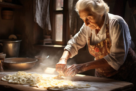 An elderly woman is skillfully preparing pasta in her kitchen, Senior Italian woman in the process of making pasta in a village house kitchen, AI Generatedの素材