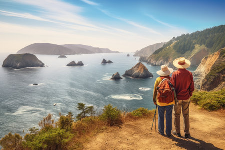 A couple of people standing on a hill, admiring the beautiful scenery and taking in the breathtaking view, Senior couple admiring the scenic Pacific coast while hiking, AI Generatedの素材