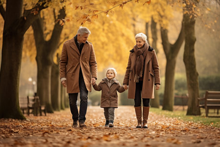 A man, a woman, and a child walking together on a sunny day in a park surrounded by green trees and a clear blue sky, Senior couple and grandchild walking in the park, AI Generatedの素材