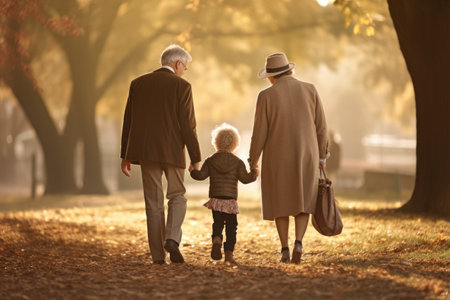 A man, a woman, and their child walking together in a park, enjoying a beautiful day outdoors, Senior couple and grandchild walking in the park, AI Generatedの素材