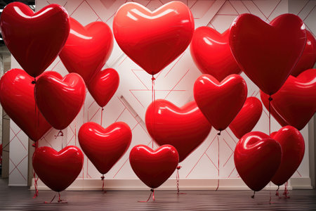 Bright red heart balloons, in a cluster, gently gliding through the sky, creating a joyful atmosphere, Sharp geometry contrasting the soft heart balloons during Valentine's celebration, AI Generatedの素材