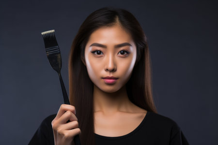 A woman holding a hair brush in front of her face as she prepares to style her hair, Serious asian young woman holding brush holding comb, AI Generatedの素材