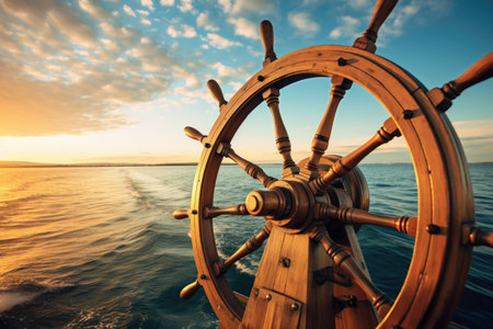 A ships steering wheel stands against a serene sunset, symbolizing the careful navigation of the ocean, ship wheel on boat with sea and sky, AI Generatedの素材