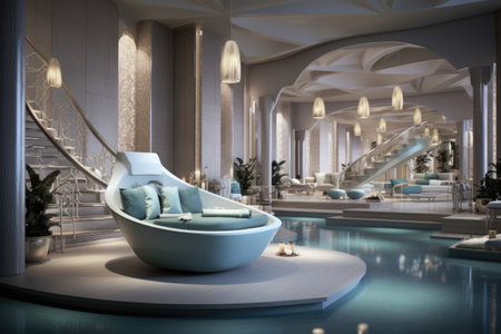 Experience ultimate relaxation and sophistication in this spacious living room that features a pool and a stylish staircase, Serene ambiance of spa salon, AI Generatedの素材