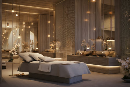 A cozy bedroom featuring a king-size bed as the centerpiece of the room, perfect for a comfortable and relaxing nights sleep, Serene ambiance of spa salon, AI Generatedの素材