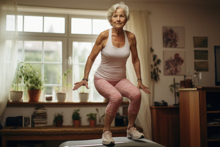 A woman wearing a white tank top and pink leggings confidently stands on a flat surface, Senior woman exercising at home, AI Generatedの素材