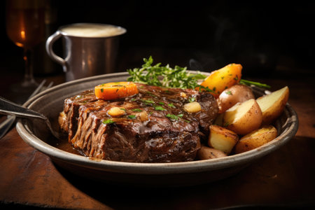 A satisfying meal consisting of steak, potatoes, and carrots paired with a warm cup of coffee, serving pot roast with melted butter, AI Generatedの素材