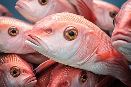 A mesmerizing scene of numerous fish harmoniously sitting together, showcasing their unity and social behavior, shoal of snapper clustered closely together in the Maldives, AI Generatedの素材