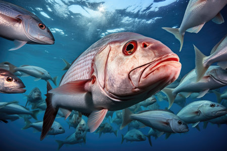 A mesmerizing scene of a multitude of fish gracefully swimming together in the vast expanse of the ocean, shoal of snapper clustered closely together in the Maldives, AI Generatedの素材