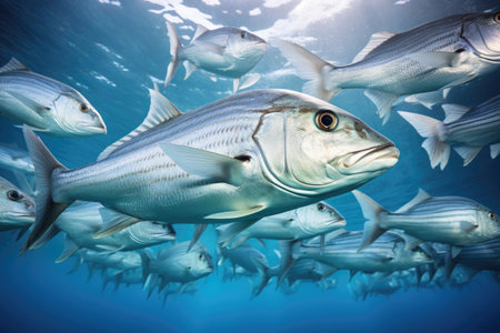 A massive collection of fish gracefully swimming together in the vast expanse of the ocean, shoal of snapper clustered closely together in the Maldives, AI Generatedの素材