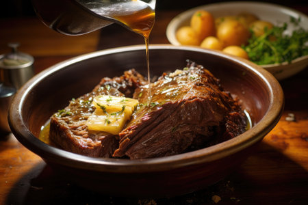 A person pouring a savory sauce on a delicious bowl of food, adding flavor and enhancing the meal, serving pot roast with melted butter, AI Generatedの素材