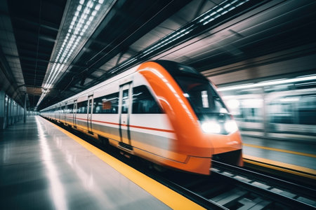 A train travels through a bustling train station, passing alongside a busy loading platform, Shot of ultra fast modern train driving to his destination, fastest public transport, AI Generatedの素材