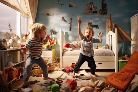 Two young children happily playing in a messy room surrounded by toys and scattered belongings, Sibling rivalry in a children's bedroom, AI Generatedの素材