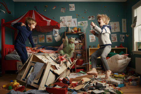 A lively image capturing the joy and imagination of children as they play in a chaotic and untidy room, Sibling rivalry in a children's bedroom, AI Generatedの素材