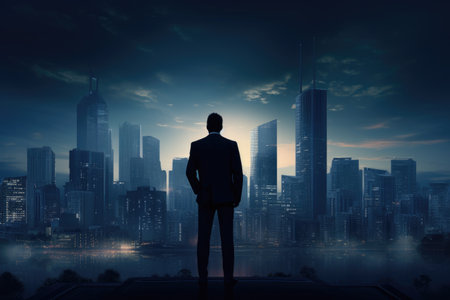 A lone man stands in front of a vibrant cityscape illuminated by countless lights at night, Silhouette of a businessman looking at a futuristic city skyline, AI Generatedの素材