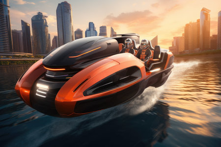 An orange and black hovercraft floats on water, ready to glide effortlessly across the surface, Single-seat, personal hovercrafts zipping through a futuristic city, AI Generatedの素材