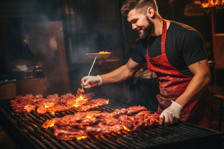 An image of a man using tongs to grill meat on a barbeque, Skilled male BBQ grill master flipping burgers and basting ribs on a sizzling hot grill at a cookout, AI Generatedの素材