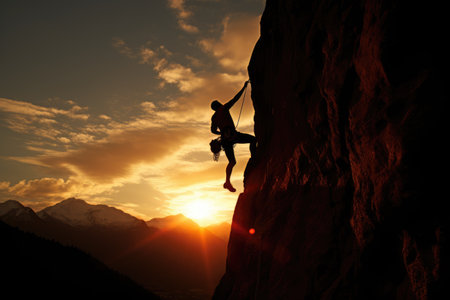 A man conquers the challenge of scaling a mountain as the golden sun sets in the background, Silhouette of Rock Climber at Sunset, AI Generatedの素材