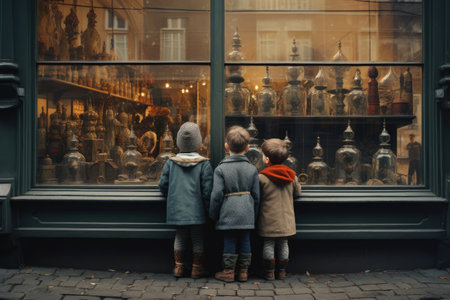 A group of children, eager and enthralled, fix their gaze upon a captivating window display, small children stand on the street near a shop window, AI Generatedの素材