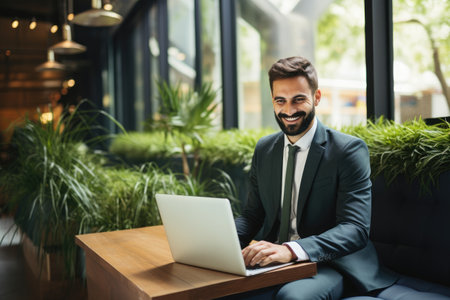 A professional businessman in a suit sitting at a table while working on a laptop computer, Smiling businessman sitting in office lobby working on laptop, AI Generatedの素材