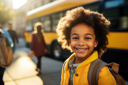 A young girl stands in front of a bus, smiling brightly with excitement, Smiling elementary student girl smiling and ready to board school bus, AI Generatedの素材