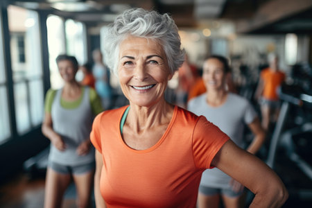 A lively group of women jogging on treadmills at a gym, engaging in a healthy fitness activity, Smiling happy healthy fit slim senior woman with grey hair practising indoors sport, AI Generatedの素材
