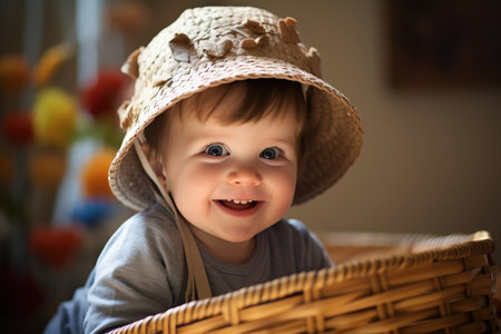 A little boy wearing a hat sits comfortably in a basket, Smiling baby in playroom with basket on head, AI Generatedの素材
