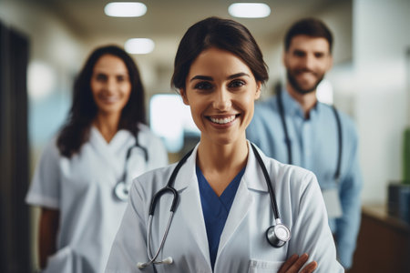 Group of Doctors Standing in Hallway, Healthcare Professionals Talking and Collaborating, smiling female doctor standing with medical colleagues in a hospital, AI Generatedの素材