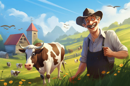 A beautiful painting depicting a man with a distinct mustache standing beside a majestic cow, smiling farmer working on the farm with cows, AI Generatedの素材
