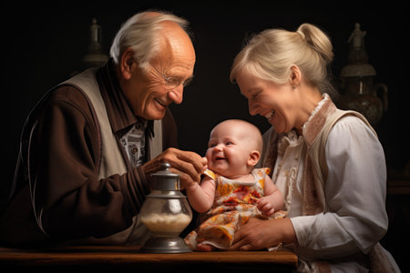 A couple proudly poses with their infant child beside a colorful bell in a scenic outdoor setting, Smiling grandparents bottle feeding their baby grandchild, AI Generatedの素材