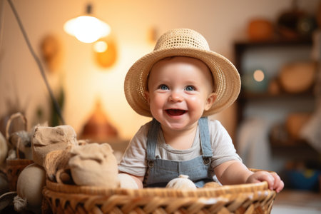 An adorable baby comfortably seated in a basket wearing a cute hat, Smiling baby in playroom with basket on head, AI Generatedの素材