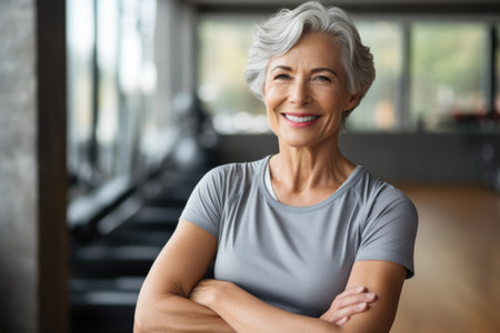 An older woman confidently stands in a gym, arms crossed, ready for her workout, Smiling happy healthy fit slim senior woman with grey hair practising indoors sport, AI Generatedの素材