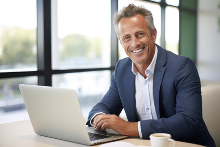 A focused man sitting at a desk in an office, working on a laptop computer, Smiling mature adult business man executive sitting at desk using laptop, AI Generatedの素材