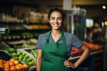 A woman confidently stands in front of a colorful and vibrant produce stand with a variety of fresh fruits and vegetables, Smiling woman seller wearing a green apron in a supermarket, AI Generatedの素材